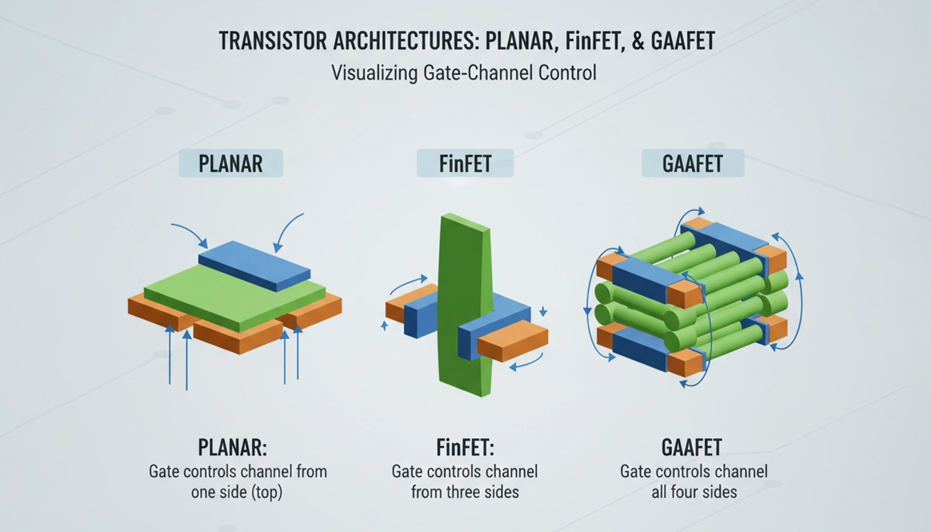 3D comparison of Planar, FinFET, and GAAFET transistor architectures